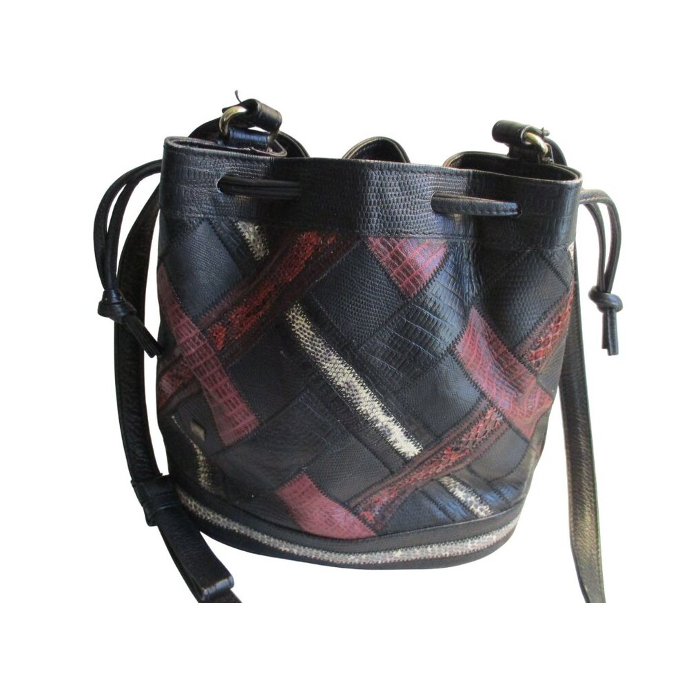 *Black Burgundy Cream Drawstring Bucket 2-Way Shoulder Bag Patchwork Surface